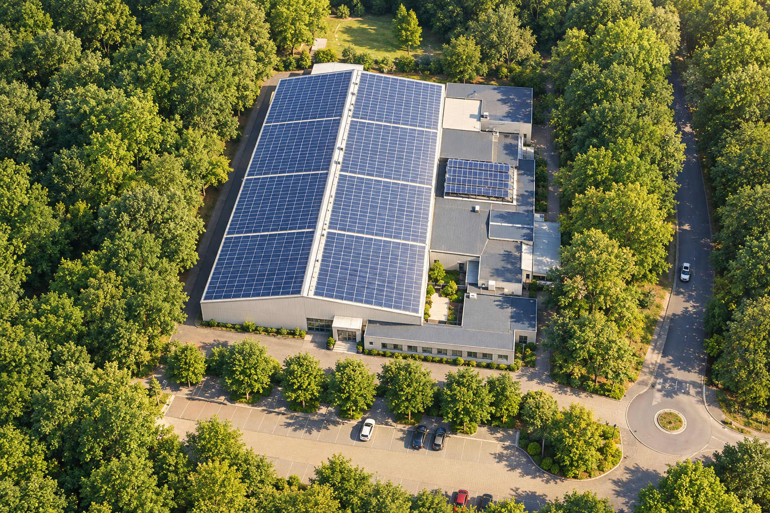 KI-Projektvisualisierung der Tennishalle am Töppersee mit Photovoltaikdach, Nebengebäuden und grünem Umfeld aus schräger Luftperspektive