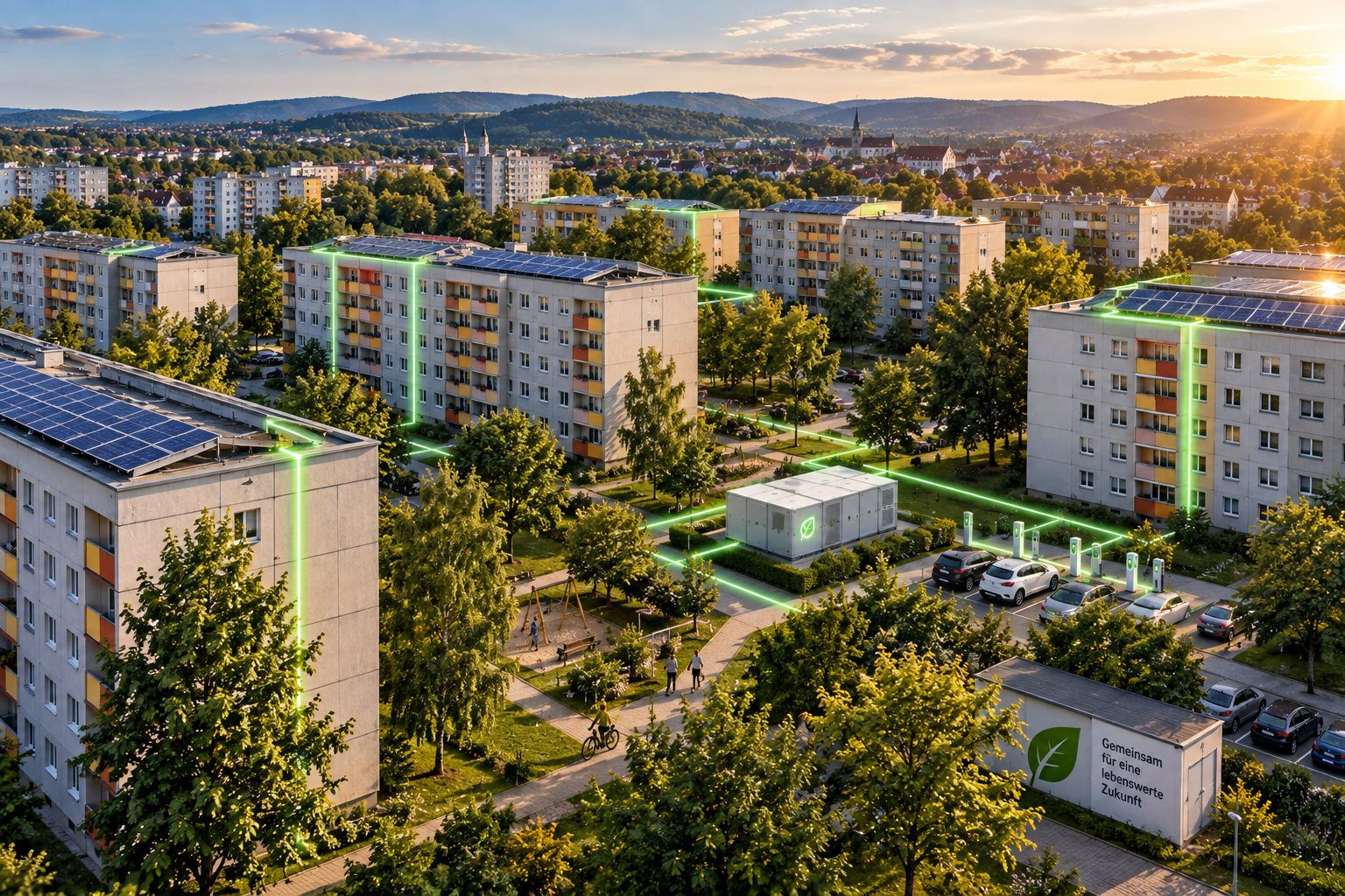 Illustration eines Wohnquartiers mit Photovoltaik auf den Dächern, Batteriespeicher und lokalen Energieverbindungen