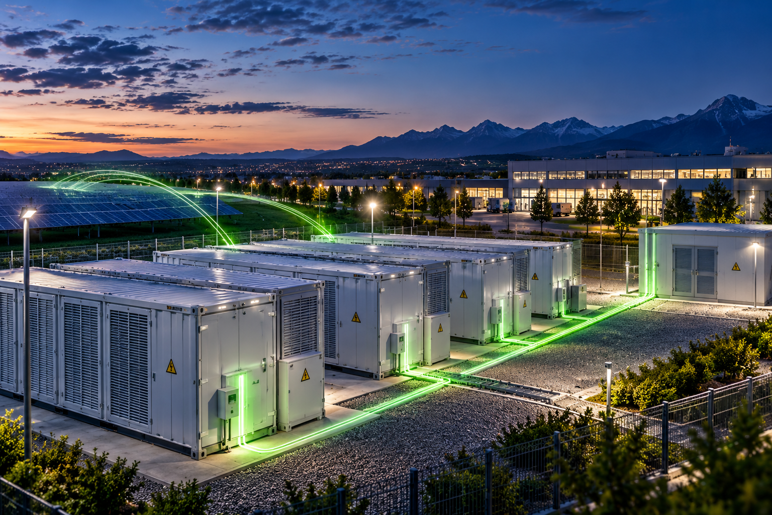 Illustration eines Speicherstandorts mit Batteriecontainern und Photovoltaik in der Abenddämmerung