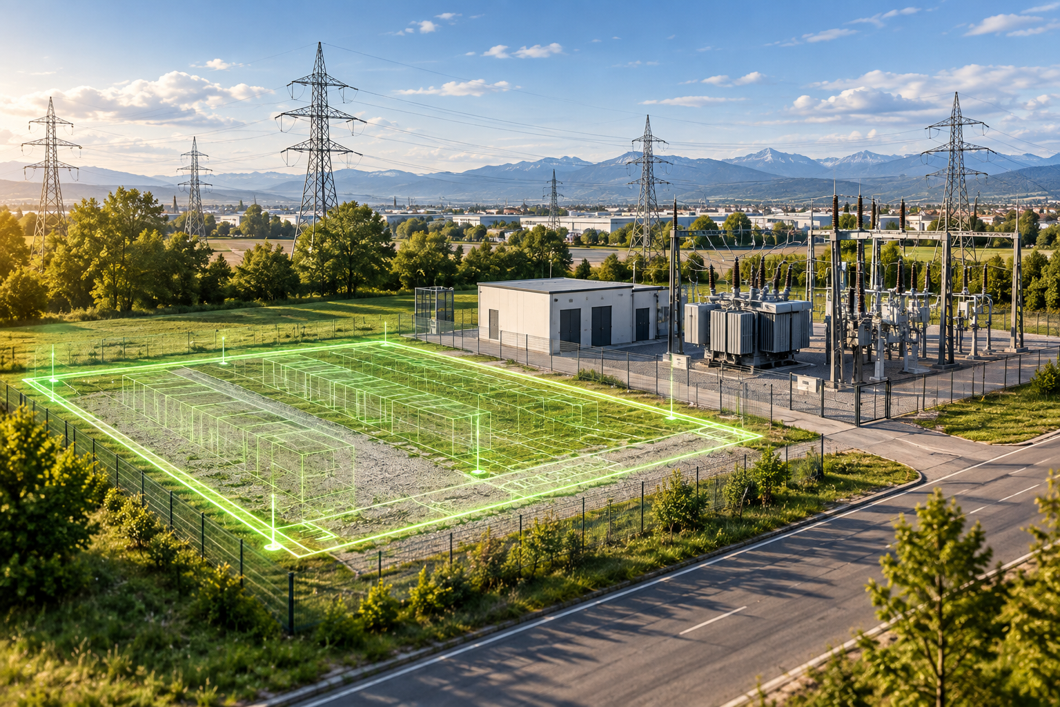 Illustration einer potenziellen Speicherfläche neben einer Trafostation und Netzinfrastruktur